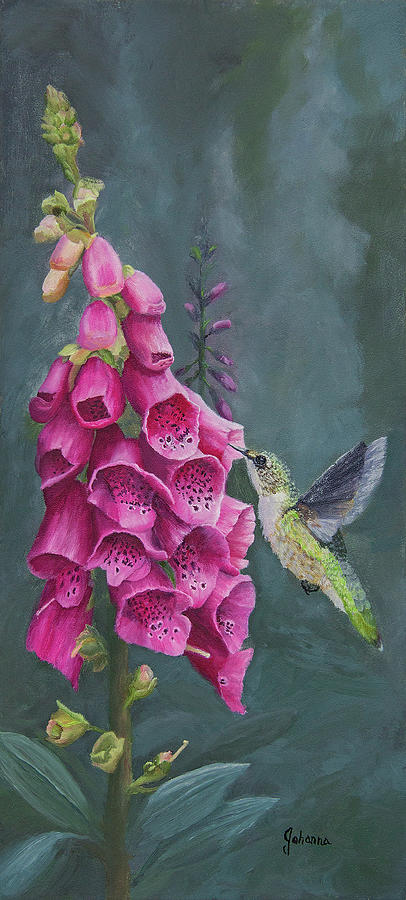 Spring Garden - Foxglove and Hummingbird Painting by Johanna Lerwick