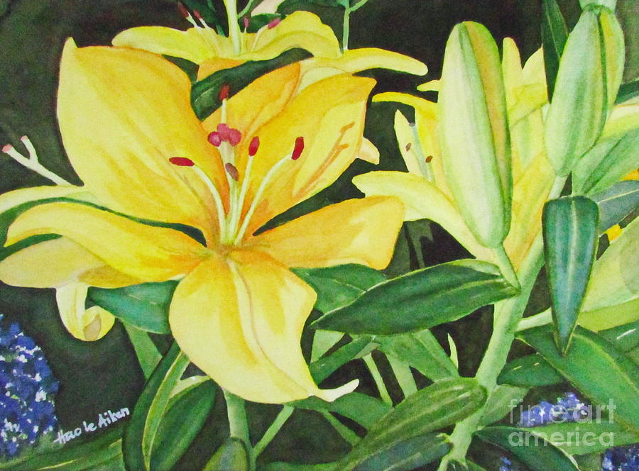Spring Gold - Lilies Watercolor Painting by Hao Aiken