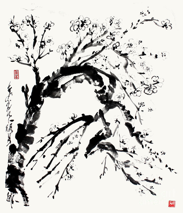 Spring In Black And White - A Branch Of Almond Blossom  Painting by Nadja Van Ghelue