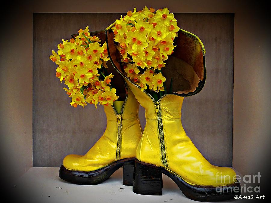 Spring Flowers in Yellow Boots Photograph by Amalia Suruceanu