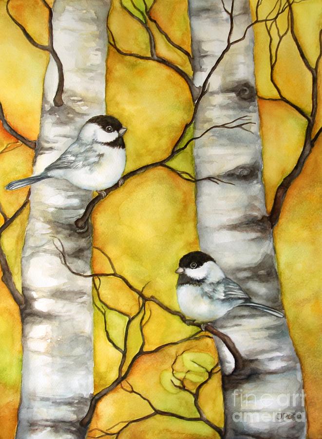 Chickadees on yellow Painting by Inese Poga