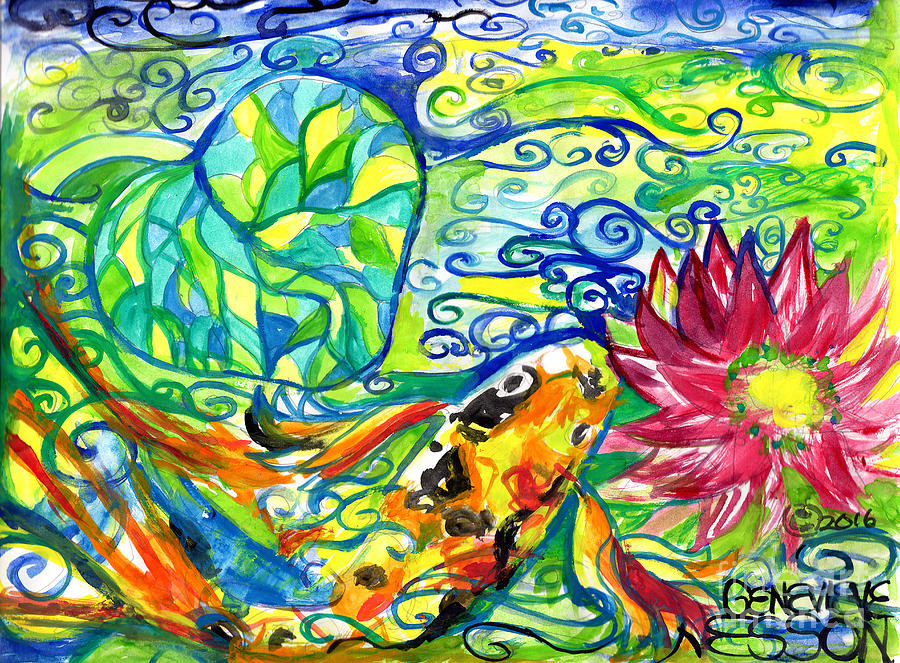 Koi Painting - Spring Koi Fish With Water Lily by Genevieve Esson