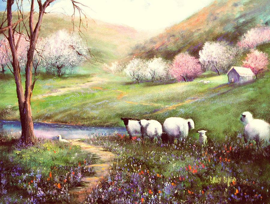 Spring Lambs Painting by Sally Seago