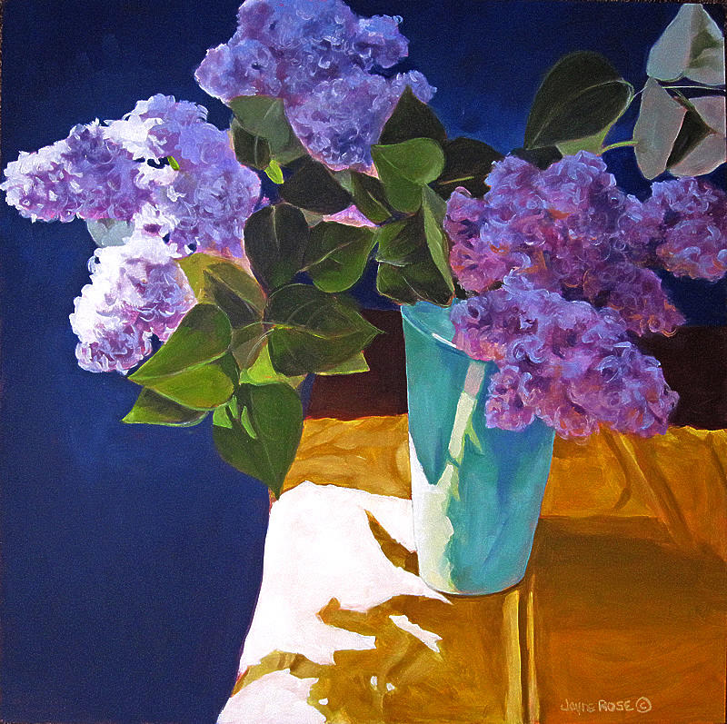 Still Life Painting - Spring Lilacs on Yellow Cloth by Jayne Rose Still Life Painting - Spring Lilacs on Yellow Cloth by Jayne Rose