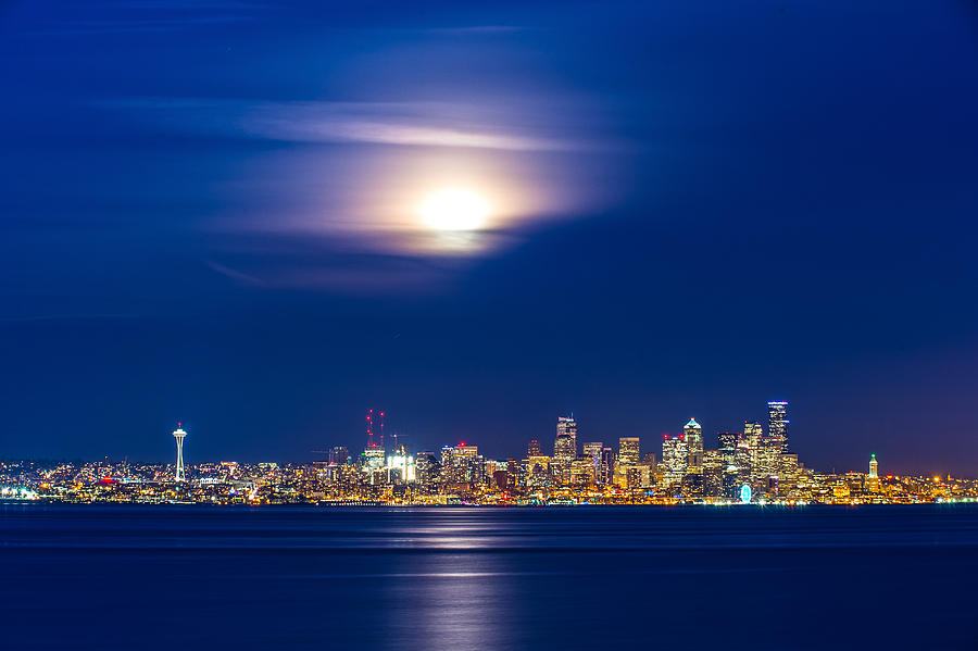 Spring moon with Seattle down town Photograph by Hisao Mogi