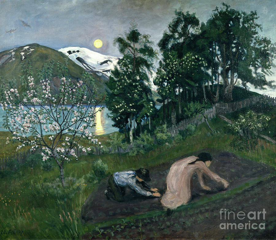 Spring night in the garden Painting by Nikolai Astrup