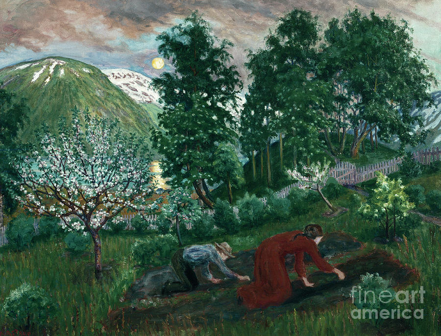 Spring night in the garden  Painting by O Vaering