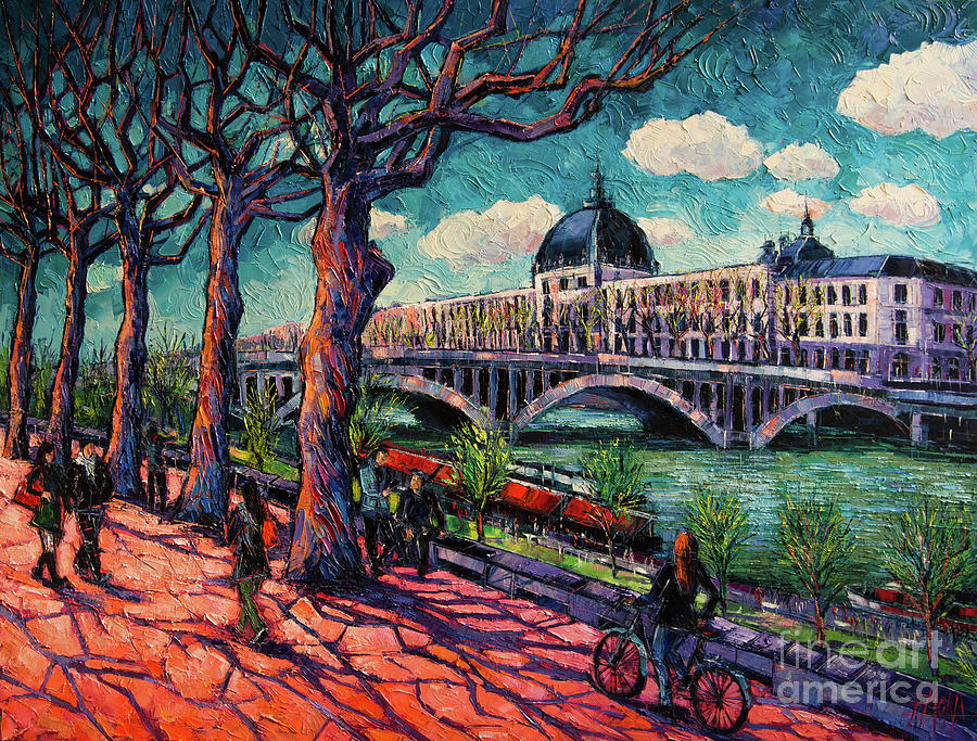 SPRING ON THE BANKS OF THE RHONE - LYON FRANCE - modern impressionist oil painting by Mona Edulesco Painting by Mona Edulesco