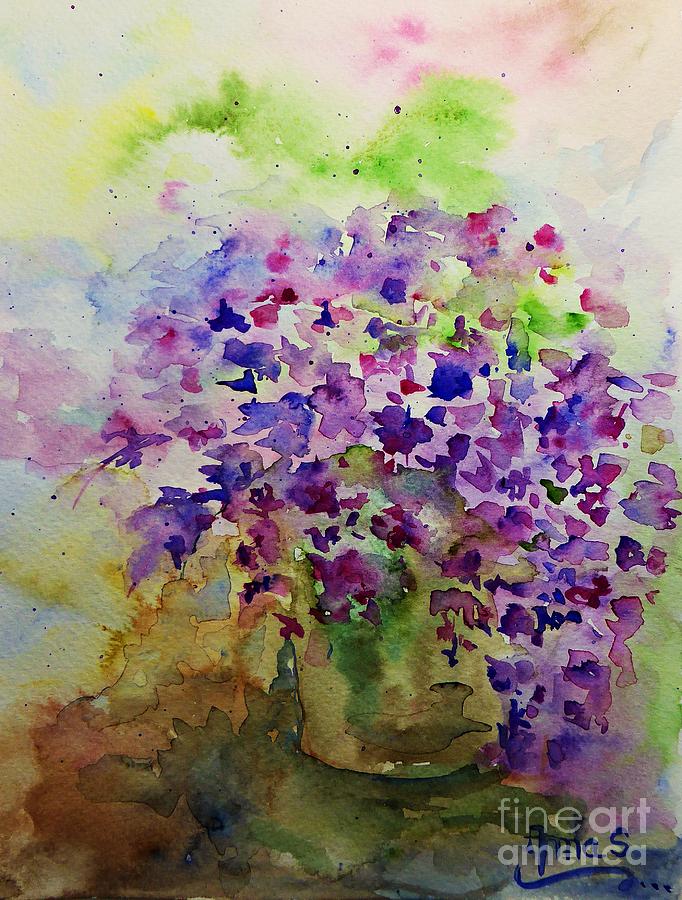 Spring Purple Flowers Watercolor Painting by Amalia Suruceanu