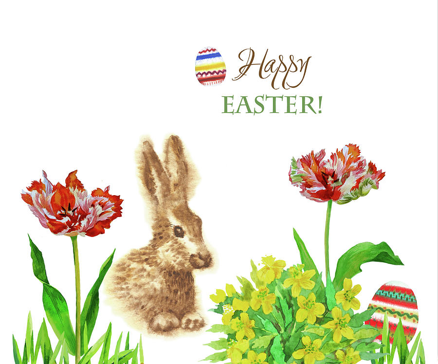 Easter Digital Art - Spring Rabbit and Flowers by Natalia Piacheva