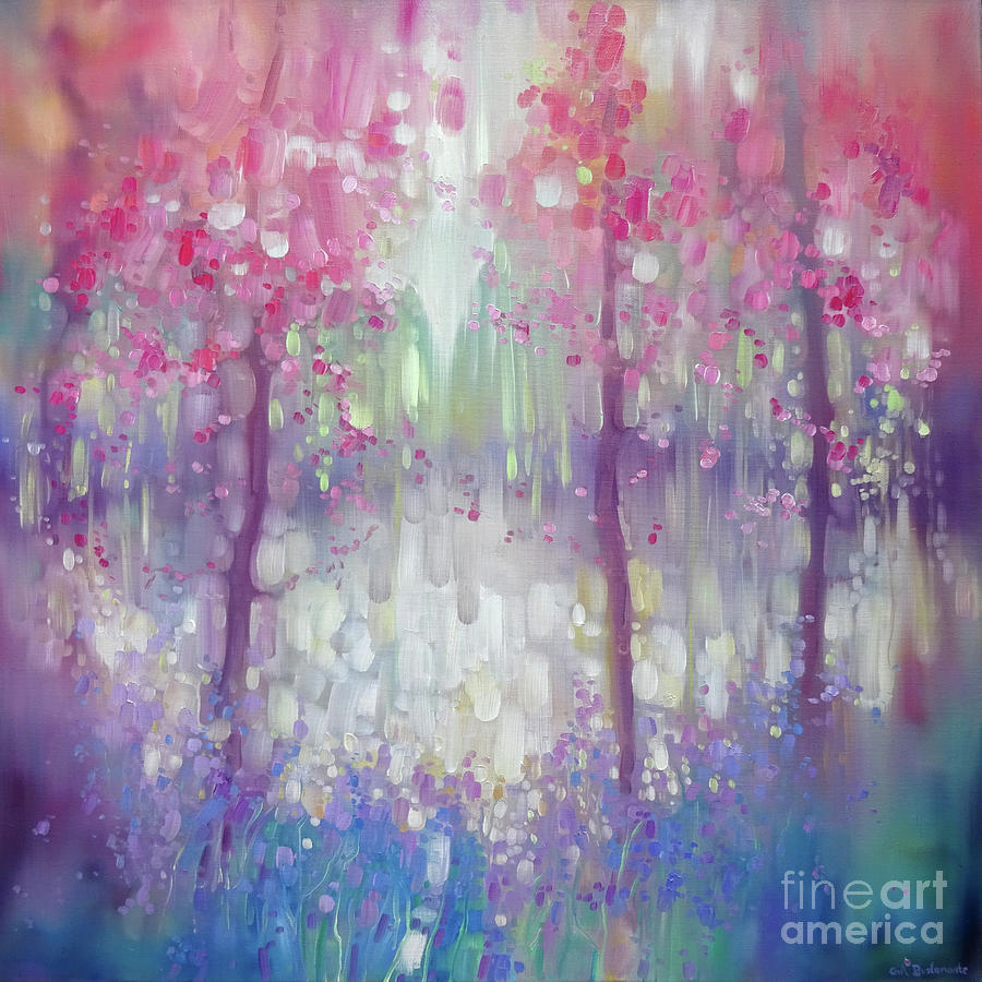 Spring Shimmers Into Life - a woodland landscape painting with blossom and bluebells Painting by Gill Bustamante