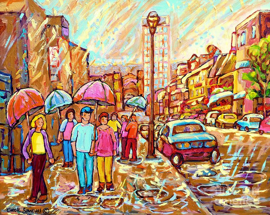 Spring Showers In The City Rainy Umbrella Day Canadian Street Scene Painting Carole Spandau          Painting by Carole Spandau