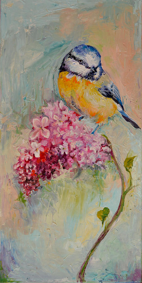Spring Song - Blue Tit on Lilac Branch - Bird on Lilac, Modern Original Oil Painting Painting by Soos Roxana Gabriela