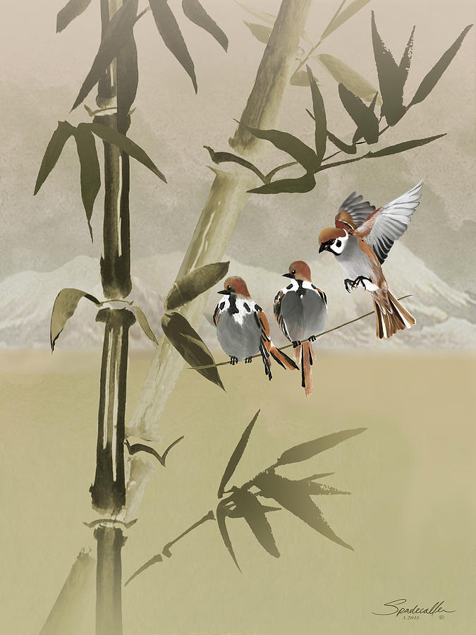 Spring Sparrows in Bambboo Tree Digital Art by M Spadecaller