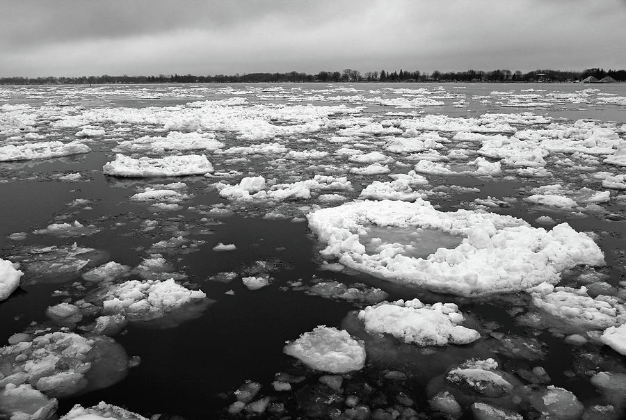 Spring Thaw on the St. Clair River 2 BW Photograph by Mary Bedy
