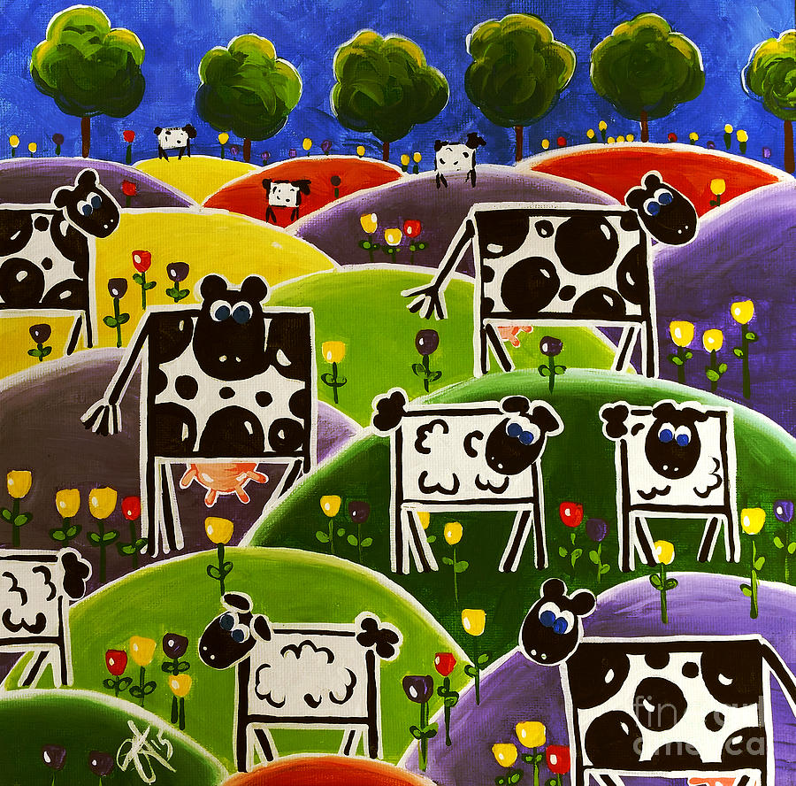Sheep Painting - Spring Time Mixed Herd Holstein Sheep Flowers Hills by Jackie Carpenter