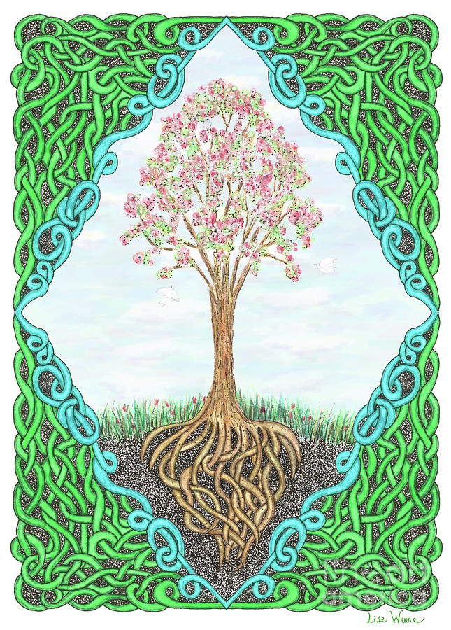 Spring Tree with Knotted Roots and Knotted Border Drawing by Lise Winne