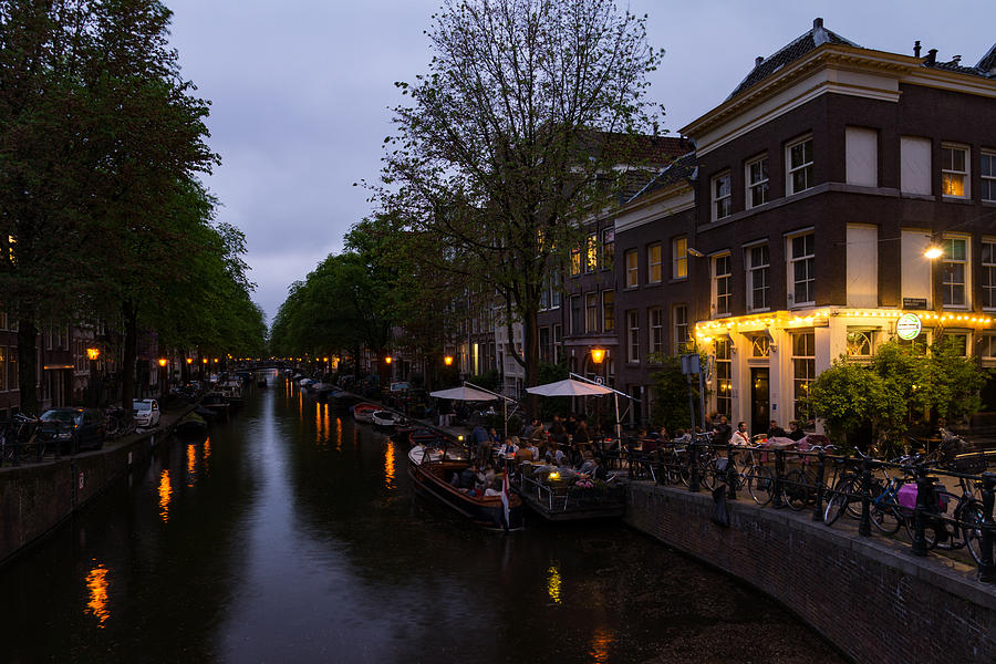 Springtime Amsterdam - Canalside Restaurant With a Terrace in Jordaan Photograph by Georgia Mizuleva