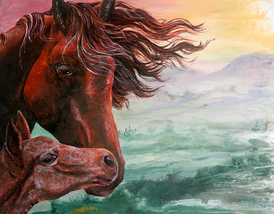 Horse Painting - Springtime Kisses by Sherry Shipley