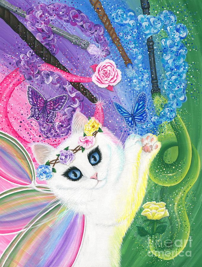 Springtime Magic - White Fairy Cat Painting by Carrie Hawks