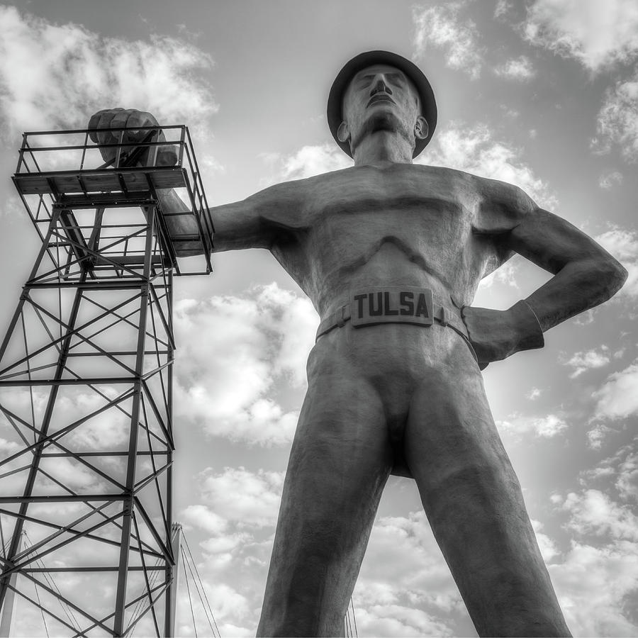 Square Format Tulsa Oklahoma Golden Driller - Black and White Photograph by Gregory Ballos