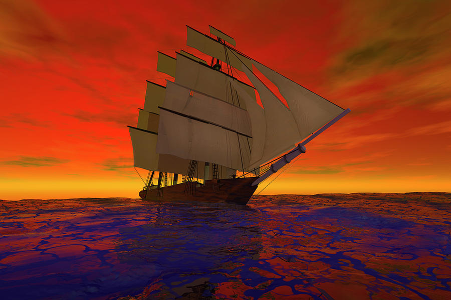 Sunset Digital Art - Square-rigged Ship at Sunset by Carol and Mike Werner