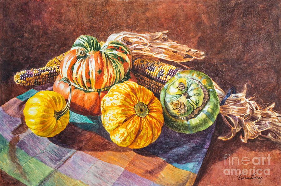 Vegetable Painting - Squashes and Rainbow Corn by Fiona Craig