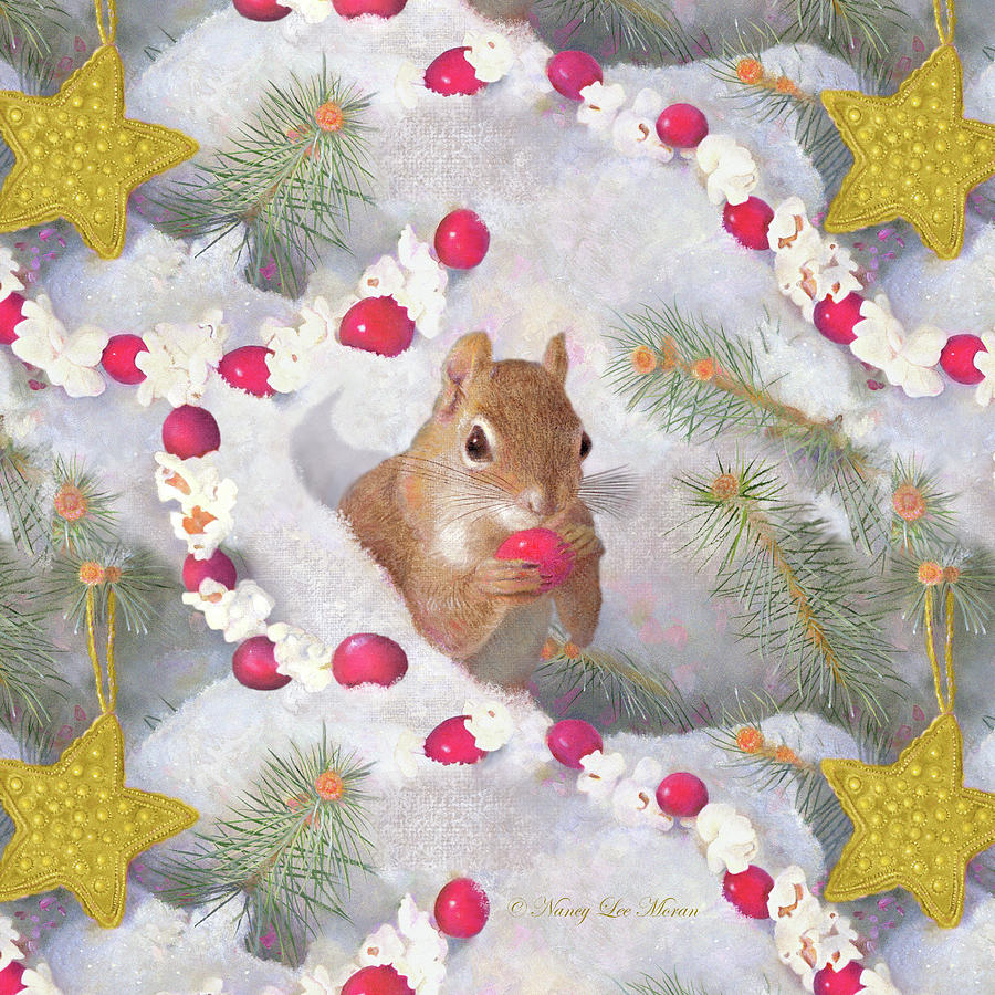 Squirrel in Snow with Cranberries Painting by Nancy Lee Moran