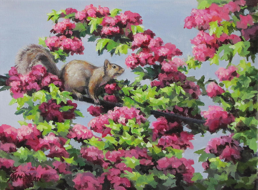 Squirrel in the Blossoms Painting by Karen Ilari