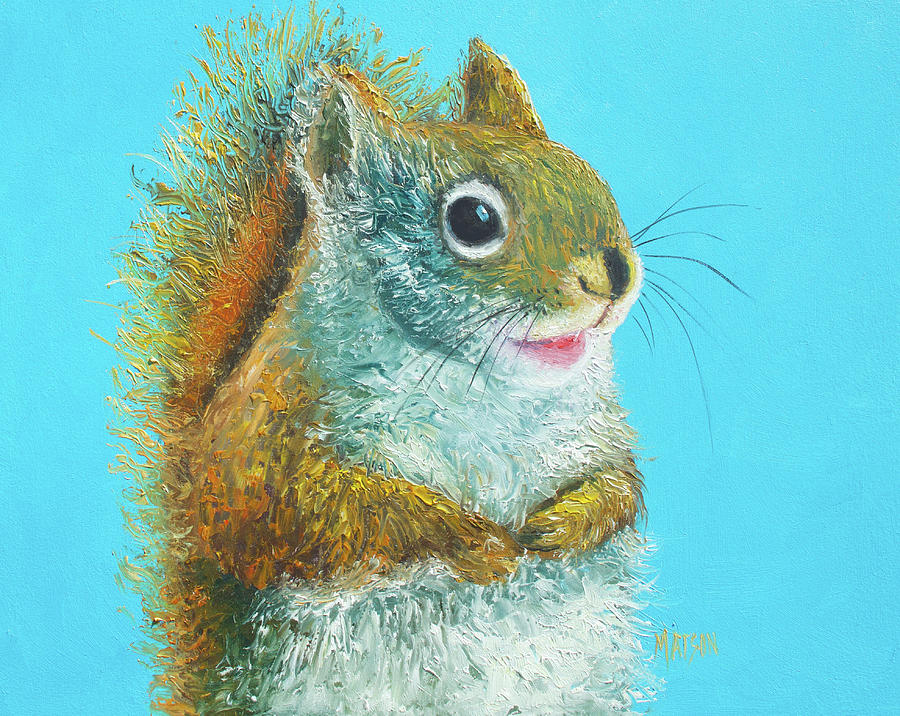 Squirrel painting on blue background Painting by Jan Matson