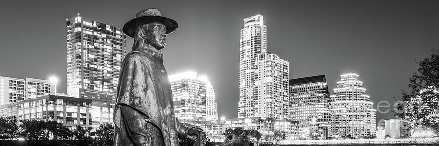 SRV Statue and Austin Skyline Black and White Panorama Photograph by Paul Velgos
