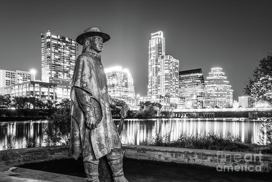 Austin Photograph - SRV Statue and Austin Skyline in Black and White by Paul Velgos