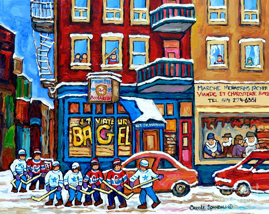 St Viateur Bagel Mehadrins  Kosher Meat Market Hockey Art Montreal Memories Carole Spandau           Painting by Carole Spandau