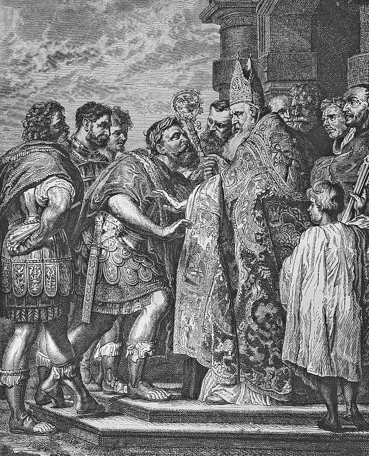 St. Ambrose excommunicating the Emperor Theodosius, historic steel ...