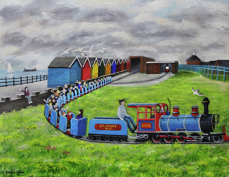 Lytham St Annes on Sea Miniture Railway and Beach Huts Painting by Ronald Haber