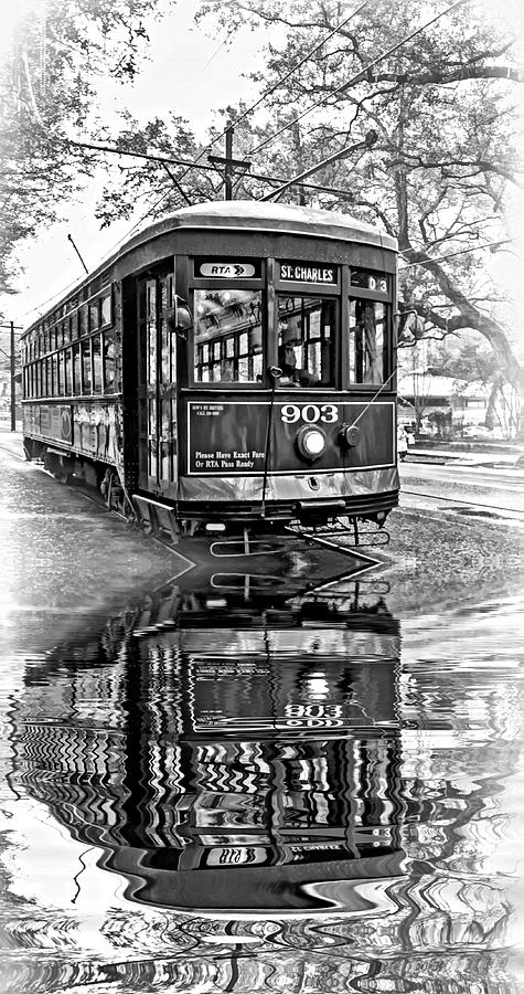 St. Charles Streetcar 2 - Reflection bw Photograph by Steve Harrington