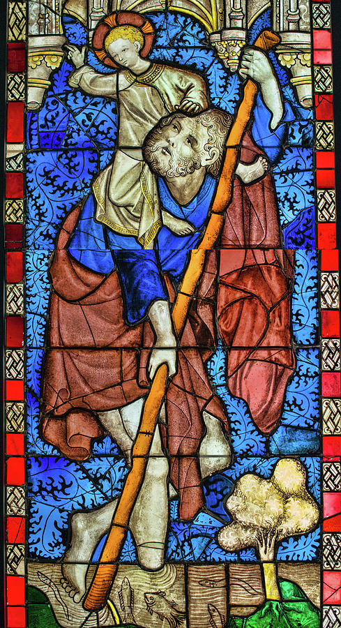 St. Christopher Carrying Christ Child, Stained Glass, Museum of the MIddle Ages, Paris Photograph by Curt Rush