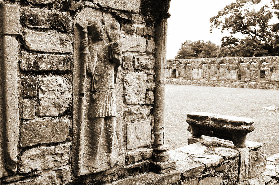Architecture Photograph - St Christopher Carrying Infant Jesus Christ Stone Carving Jerpoint Abbey Ireland Sepia by Shawn OBrien