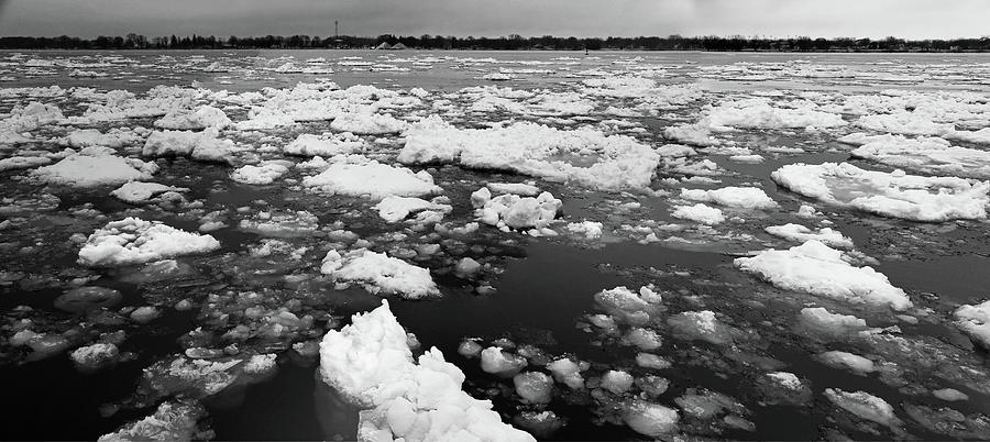 St. Clair River Thaw Panorama BW Photograph by Mary Bedy