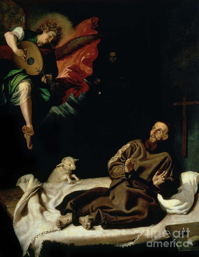 Sheep Painting - St Francis comforted by an Angel Musician by Francisco Ribalta