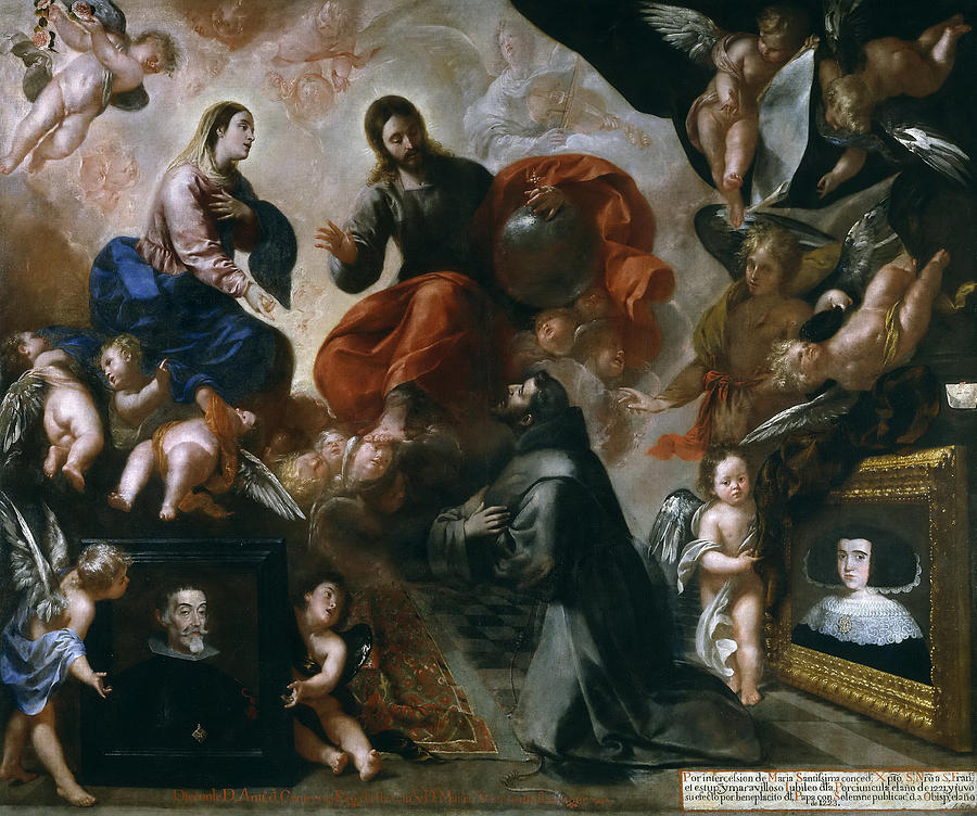 St Francis of Assisi in the Portiuncula with  donors Antonio Contreras and Maria Amezqueta Painting by Francisco Caro