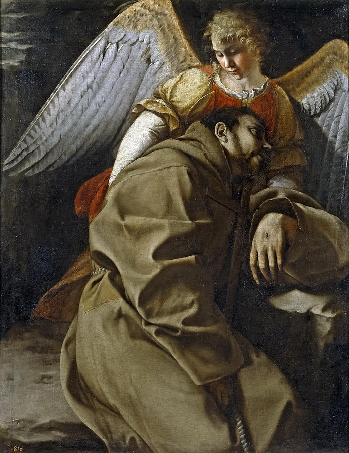 St Francis supported by an Angel Painting by Orazio Gentileschi