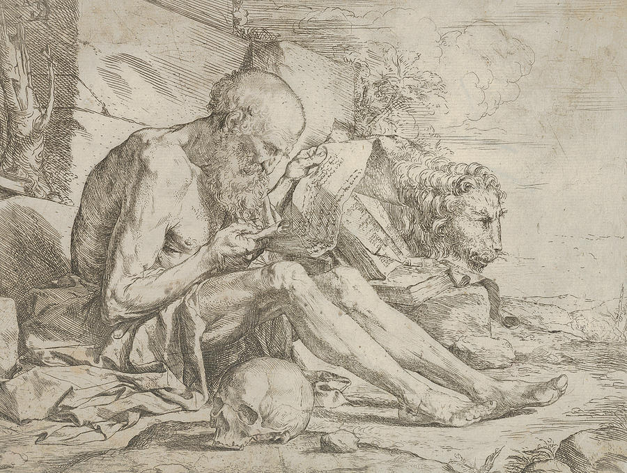 St. Jerome seated on the ground and reading an inscribed scroll, a skull next to his right leg Relief by Jusepe de Ribera