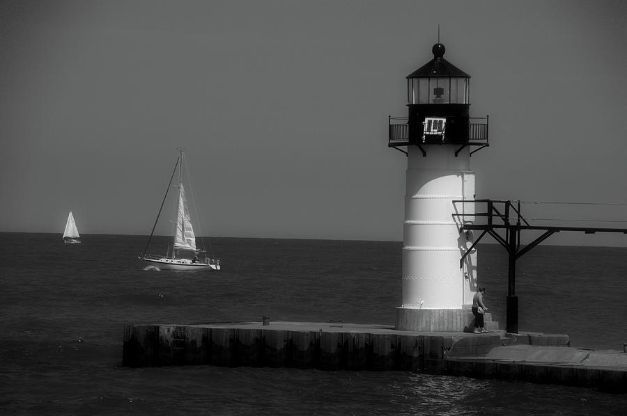 St Joes Michigan Break Water Pier Light BW Photograph by Thomas Woolworth