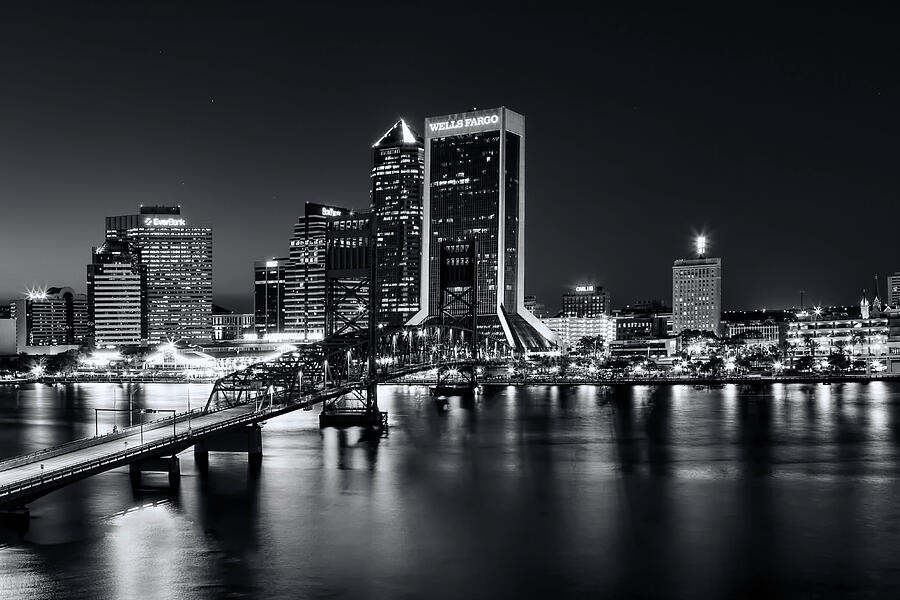 St Johns River Skyline By Night, Jacksonville, Florida in Black and White Photograph by Kay Brewer