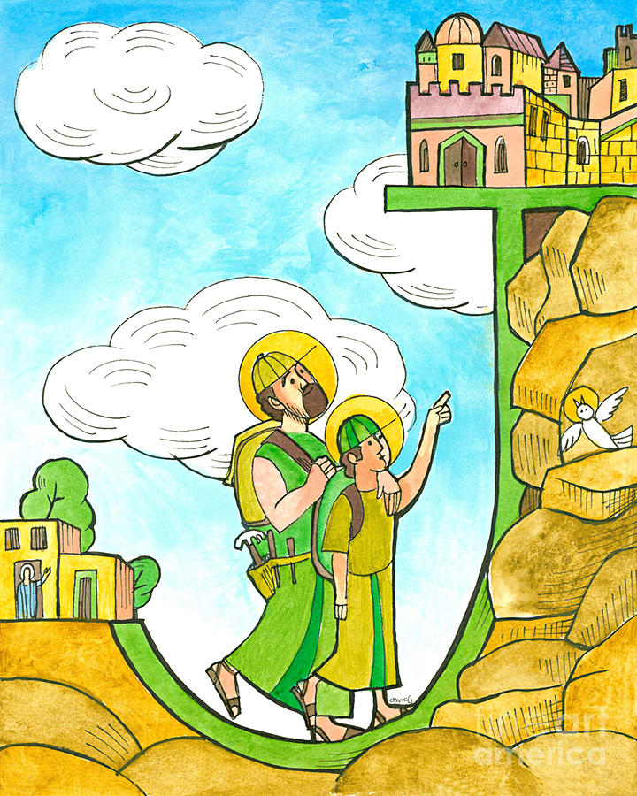 St. Joseph and Jesus in Jerusalem - MMJJJ Painting by Br Mickey McGrath OSFS
