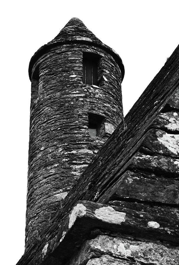 St Kevins Chapel Tower Glendalough Monastary County Wicklow Ireland Black and White Photograph by Shawn OBrien