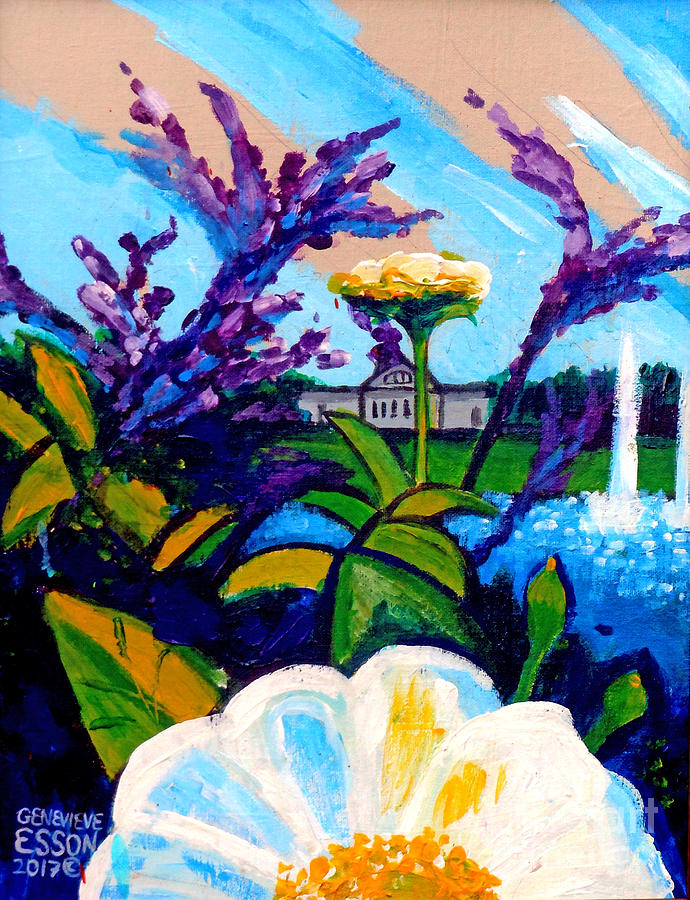Flower Painting - St. Louis Art Museum At Grand Basin With Flowers and Water Fountains 2 by Genevieve Esson