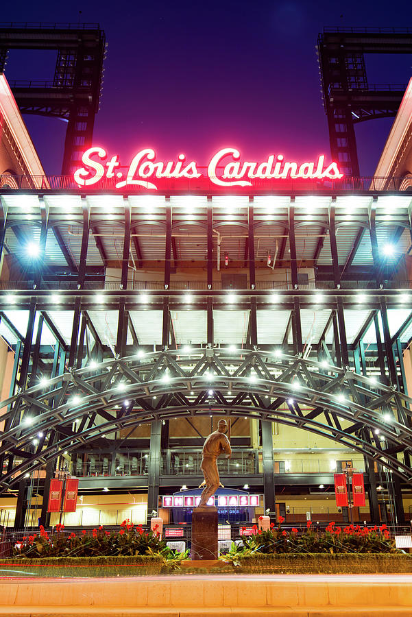 Architecture Photograph - Saint Louis Ballpark Neon Glow And Baseball Legend by Gregory Ballos
