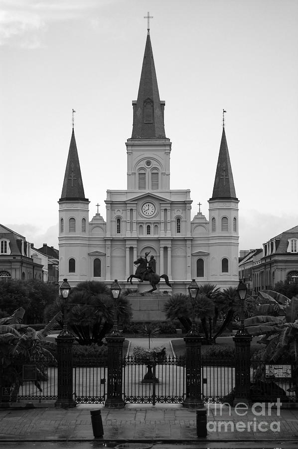 St Louis Cathedral on Jackson Square in the French Quarter New Orleans Black and White Photograph by Shawn OBrien